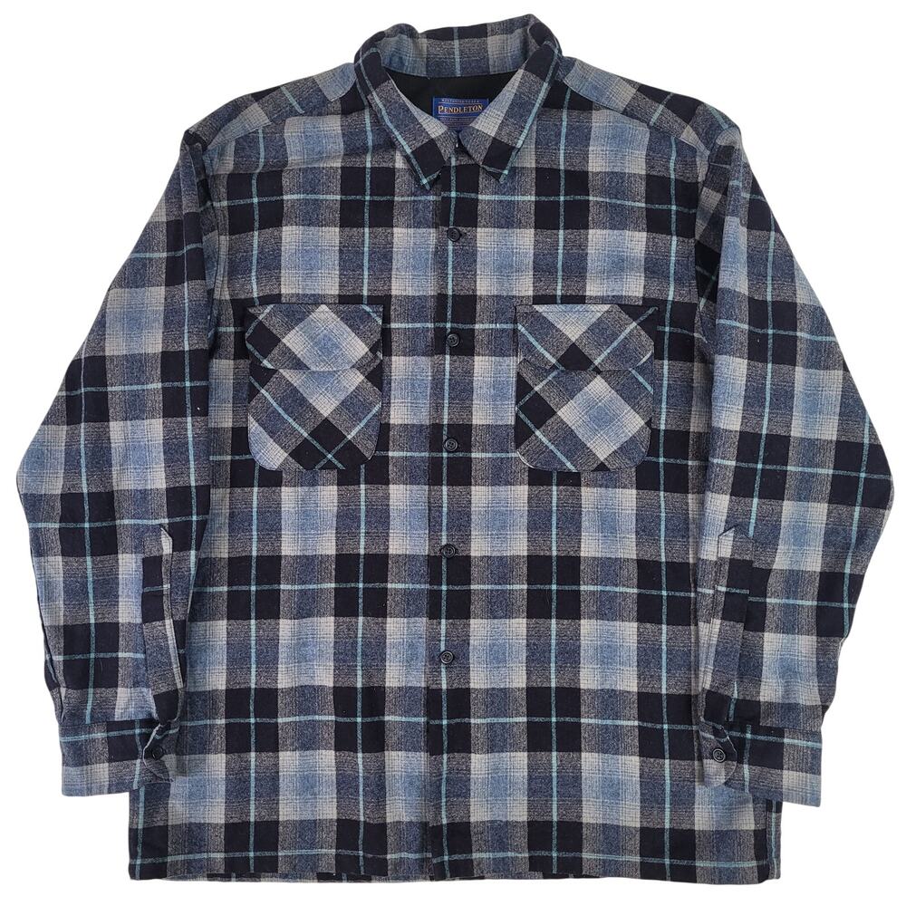 Vintage 90s Pendleton Board Shirt Navy Blue Plaid Flannel Men's Sz L EUC